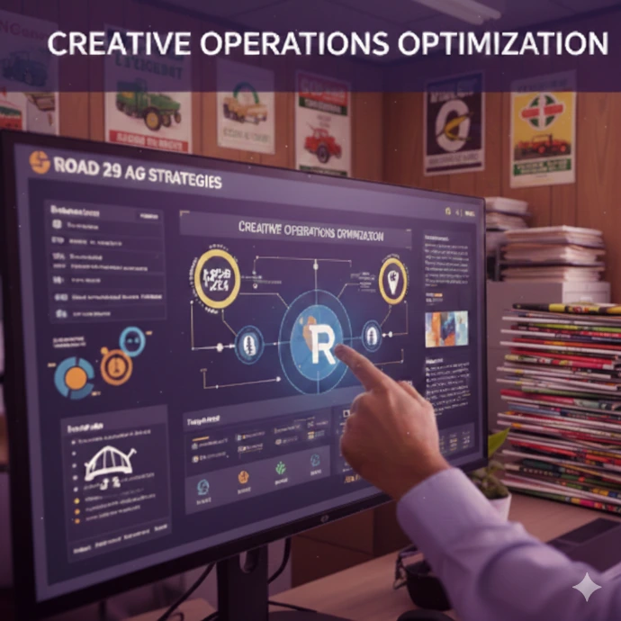 A computer monitor showing a marketing team's workflow, with agriculture magazines and farming pictures in the background.