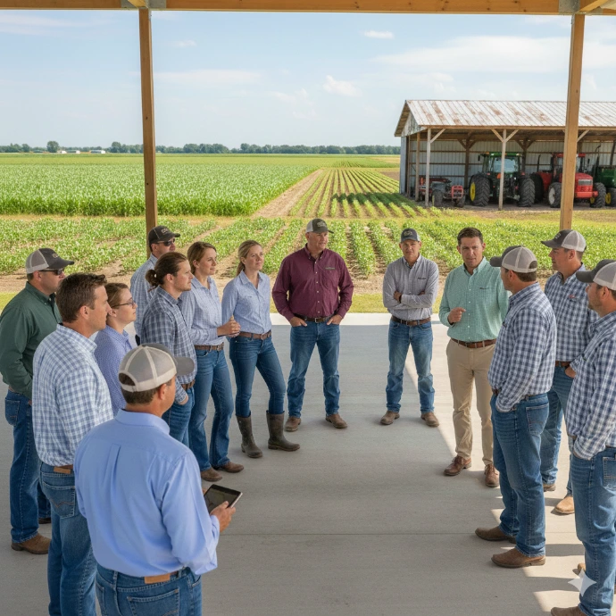 Growers and producers stand in a circle listening to an agriculture sales representative discuss product features.